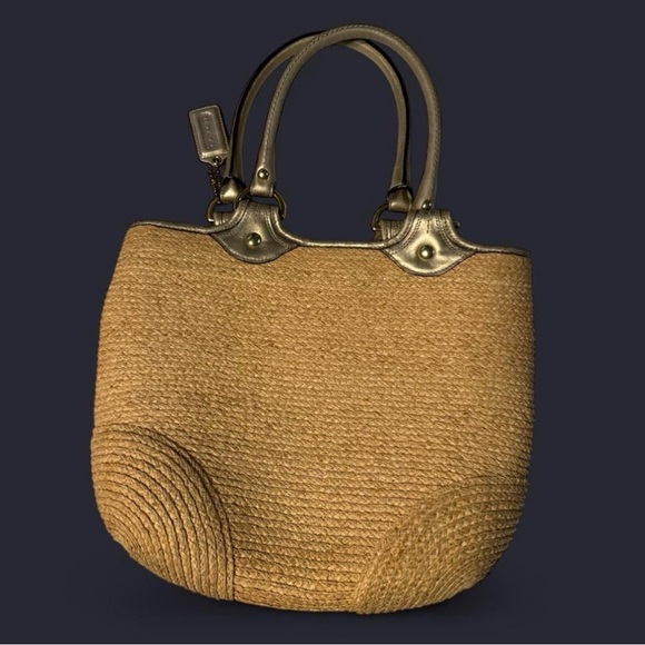 VINTAGE Coach Straw Tote Bag Gold Leather Handles Summer Bag